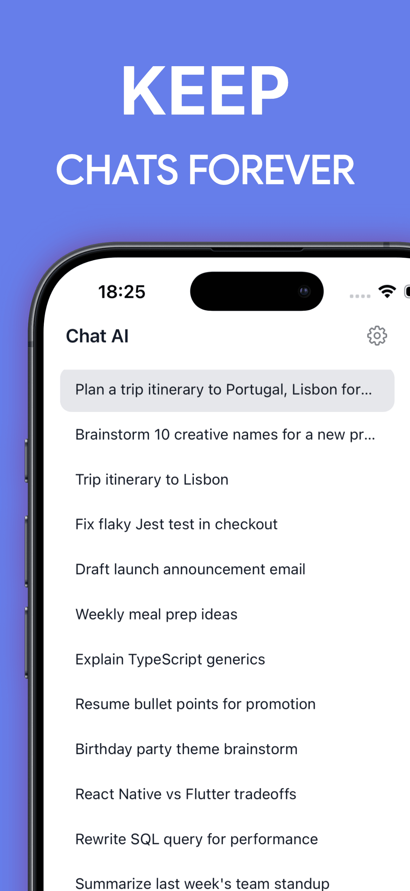 ChatAI drawer showing a long list of previous conversations
