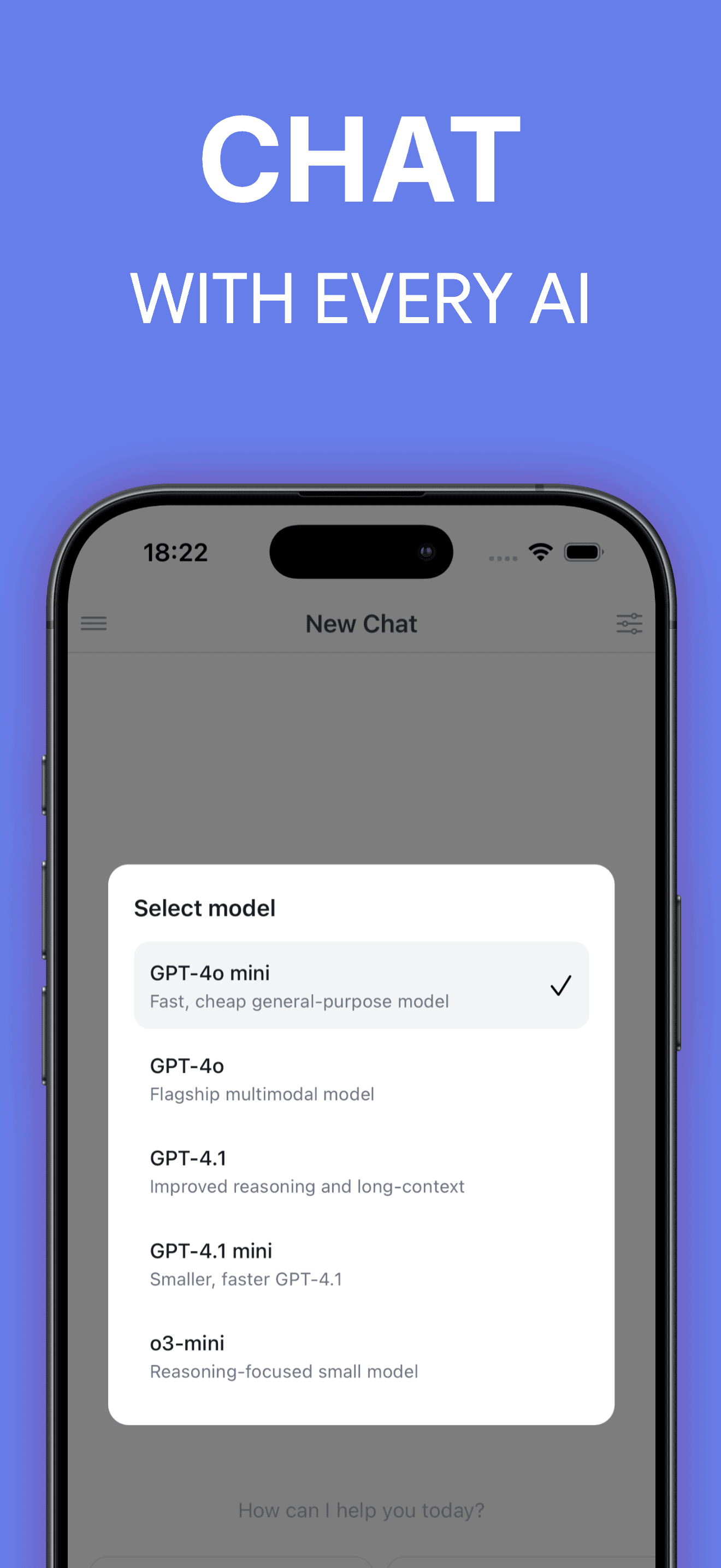 ChatAI model picker showing GPT-4o, GPT-4.1 and o3-mini