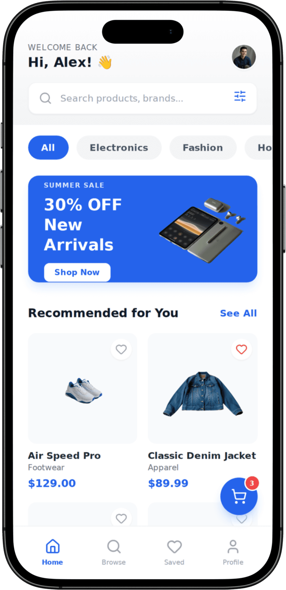 Ecommerce template home screen
