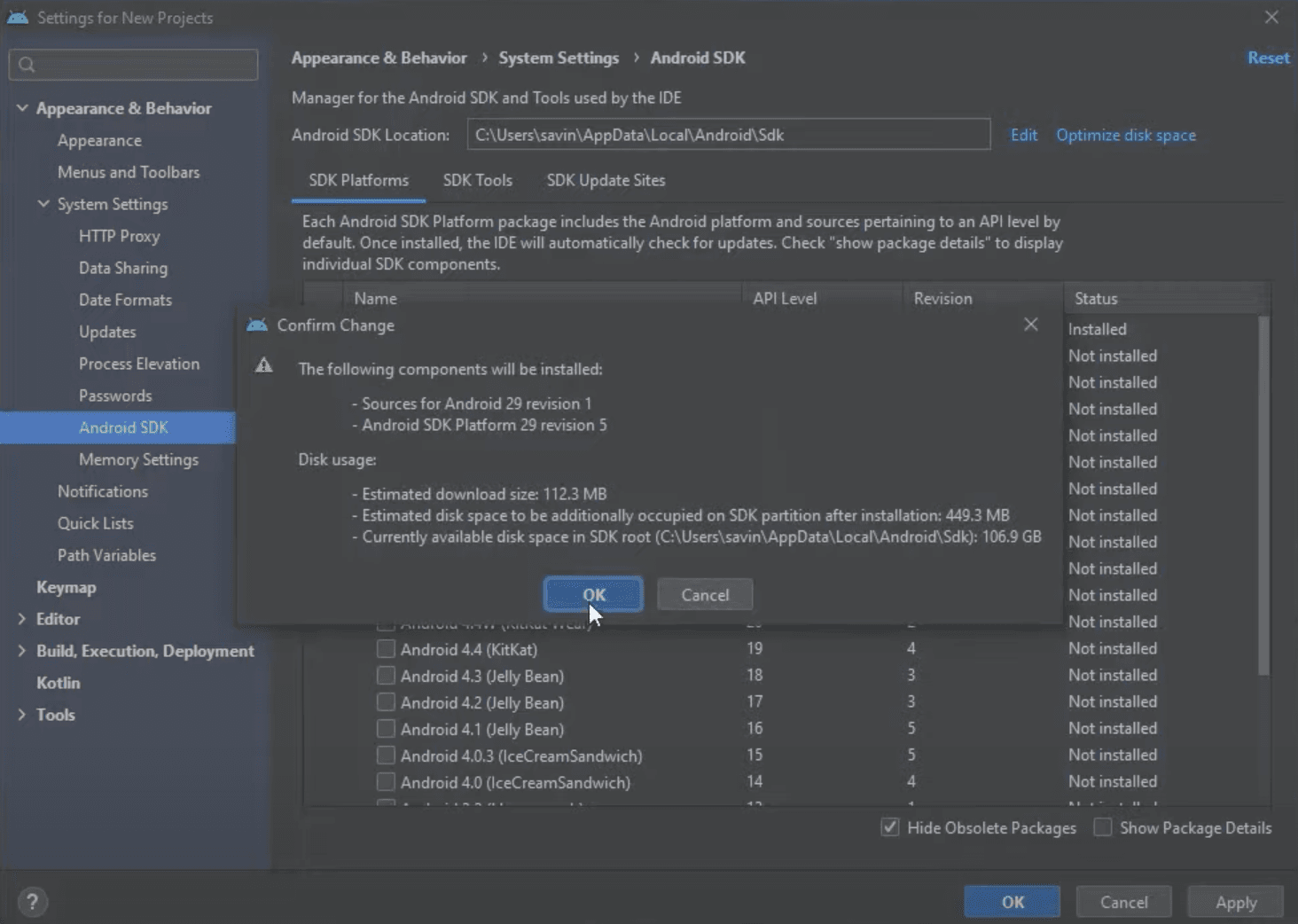 Android Studio Install SDK Version Confirmation