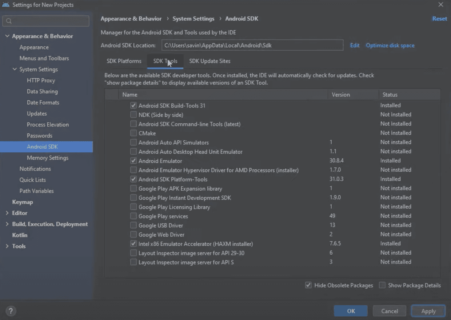 Android Studio SDK Tools