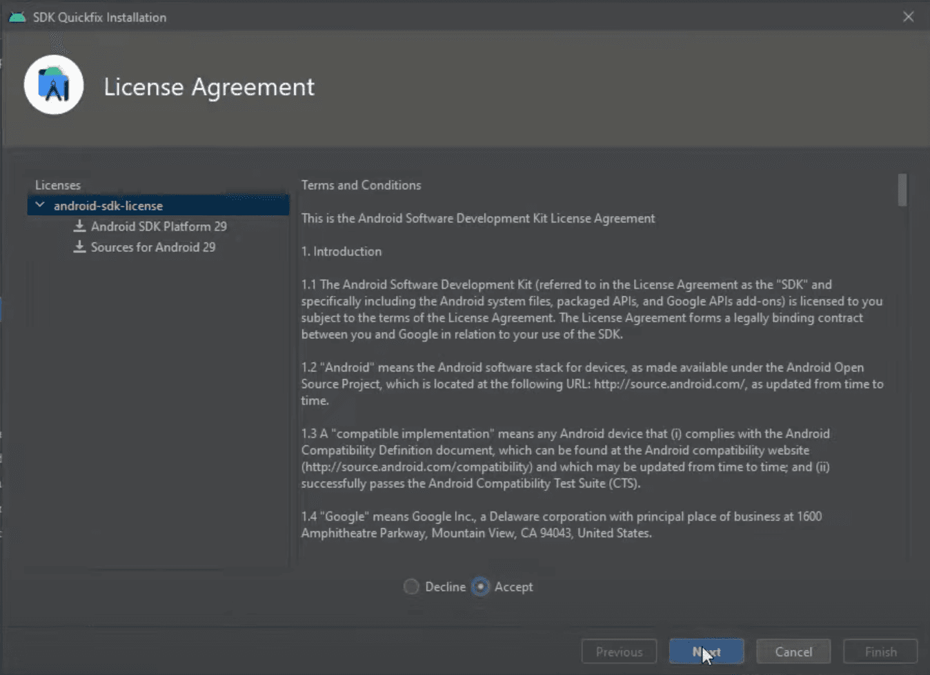 Android Studio SDK Terms and Conditions
