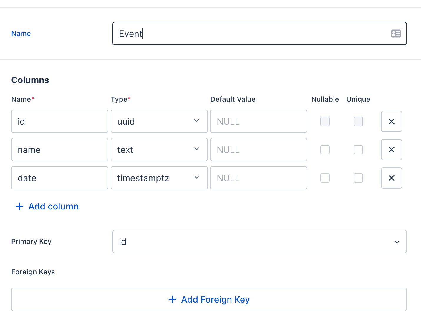 Create the Event table on Nhost dashboard