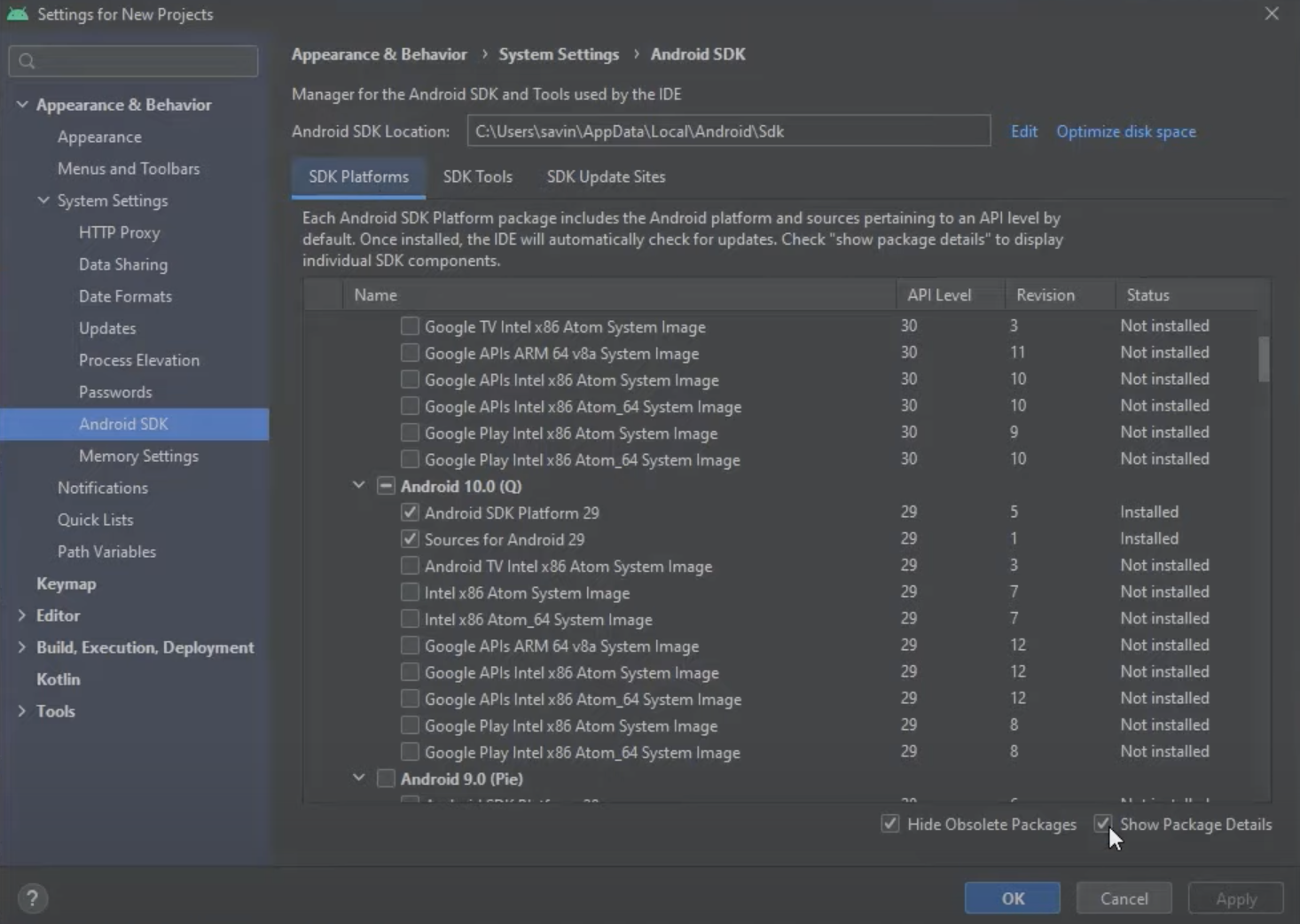 Android Studio Show Package Details