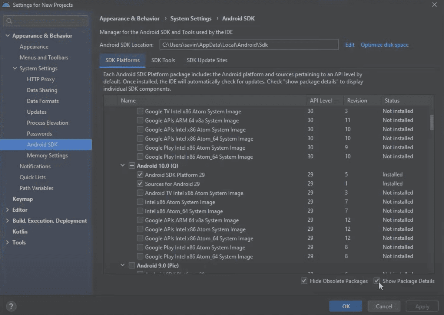 Android Studio Show Package Details