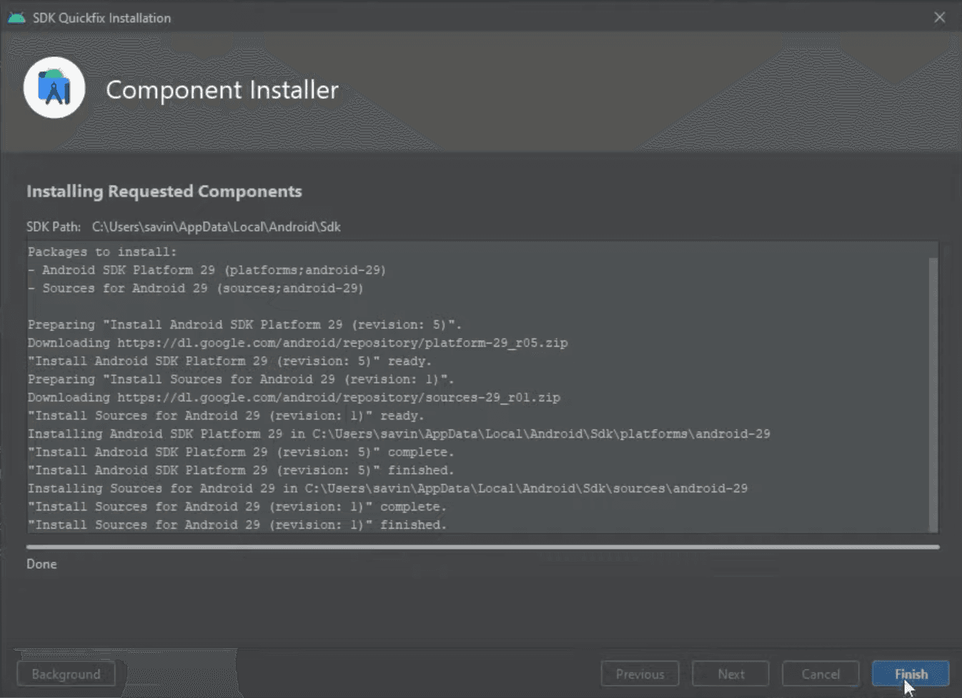 Android Studio SDK Installation Finish
