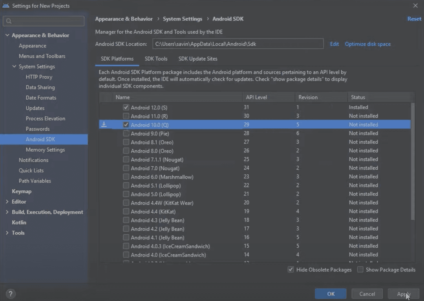 Android Studio Select SDK Version